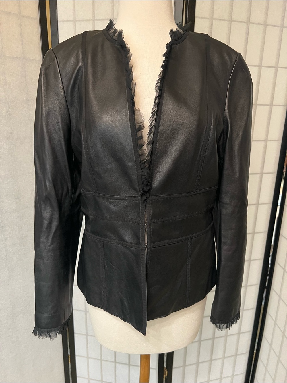 Collection B Black Leather Jacket with Fringe Trim
